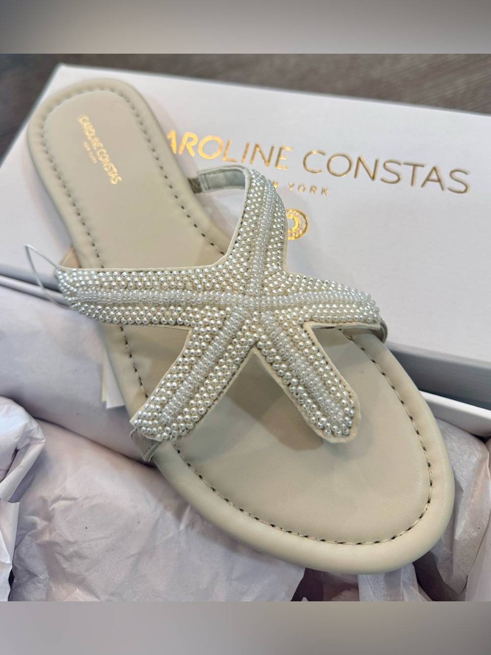 Caroline Costas Beaded White Starfish Slide Sandal — Women's